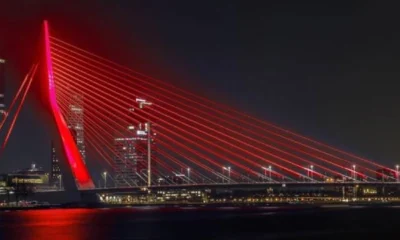 Erasmus bridge and Euromast tower in Rotterdam took on the colors of the Turkish flag