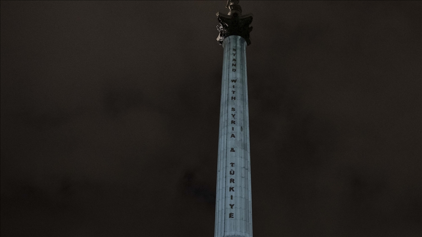 The message 22We stand by Syria and Turkey22 was reflected on Nelsons Column in London