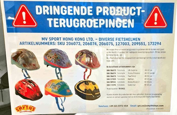 Childrens bicycle helmets are recalled for safety reasons in the Netherlands